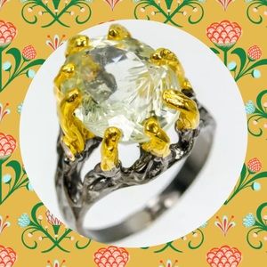 💛NATURAL HAND-CARVED GREEN AMETHYST WITH PURPLE AMETHYST ACCENTS RING💚